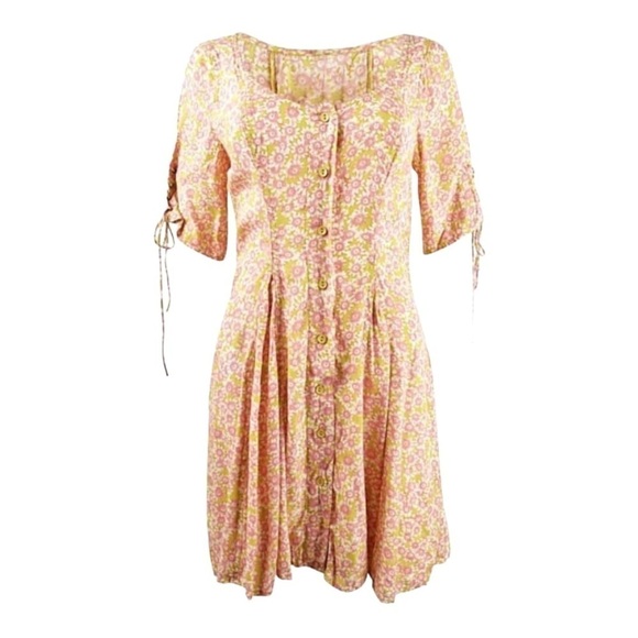 FREE PEOPLE Revolve Yellow Floral Laced Up Mini Dress Button Front Small - Picture 8 of 14